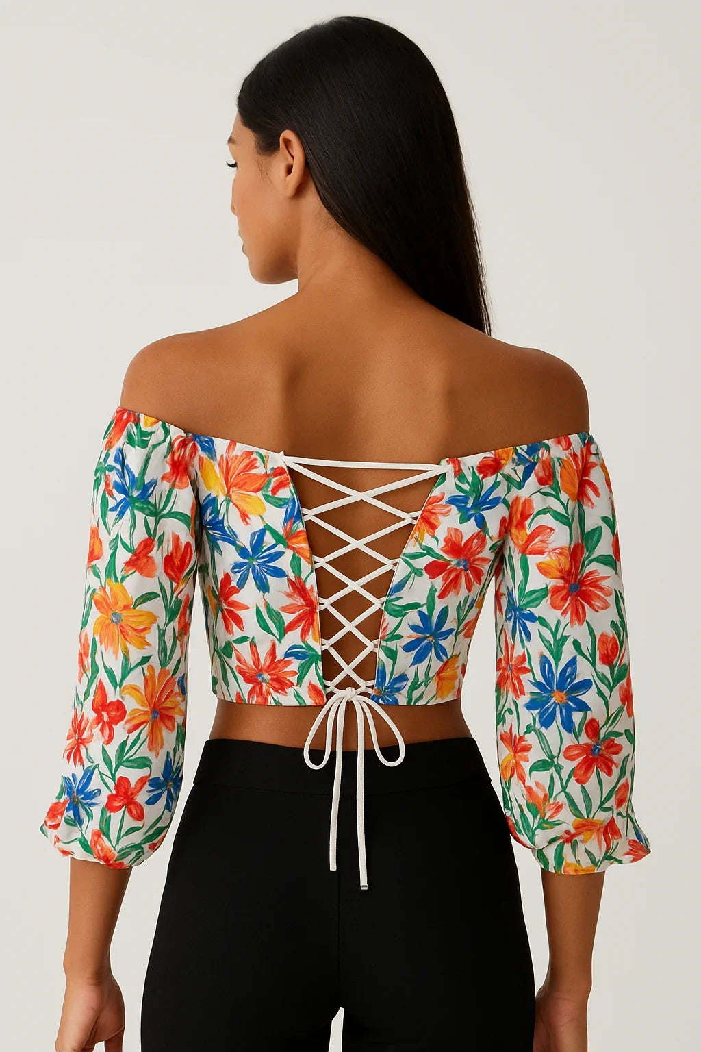 Floral Crop Top with White Lace-Up Back - Luxestyle