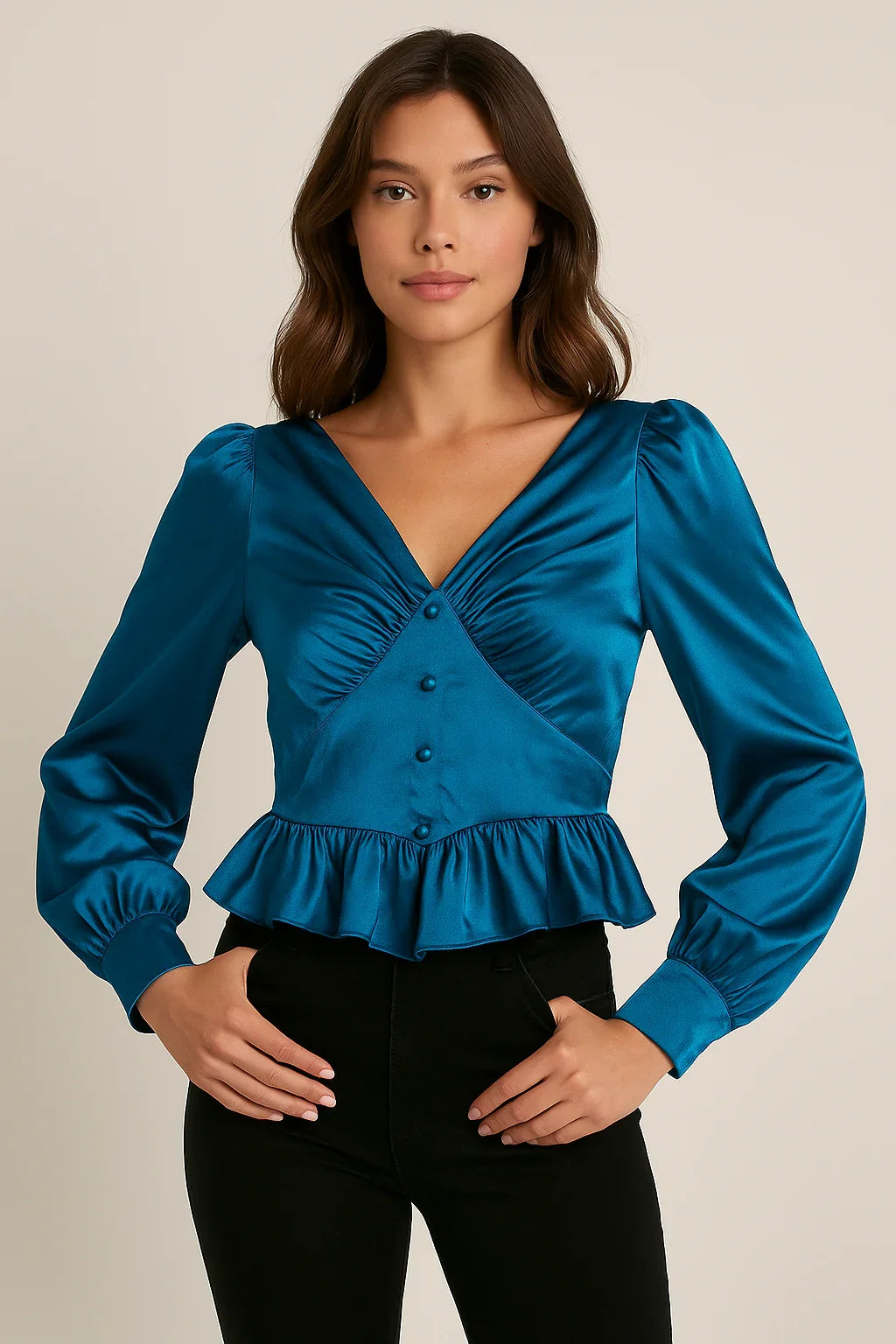 Women's Shiny Teal Blue Satin Peplum Top - Luxestyle