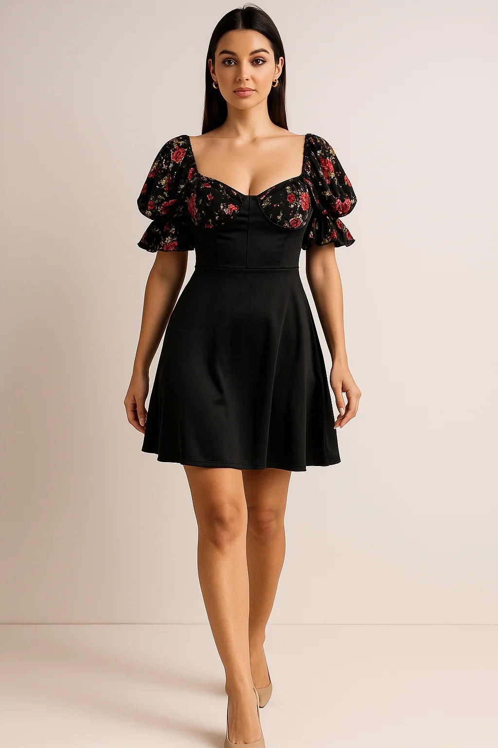 Black Satin Floral Lace Dress - Luxestyle