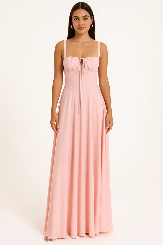 Elegant Pink Floor-Length Ruched Dress - Luxestyle
