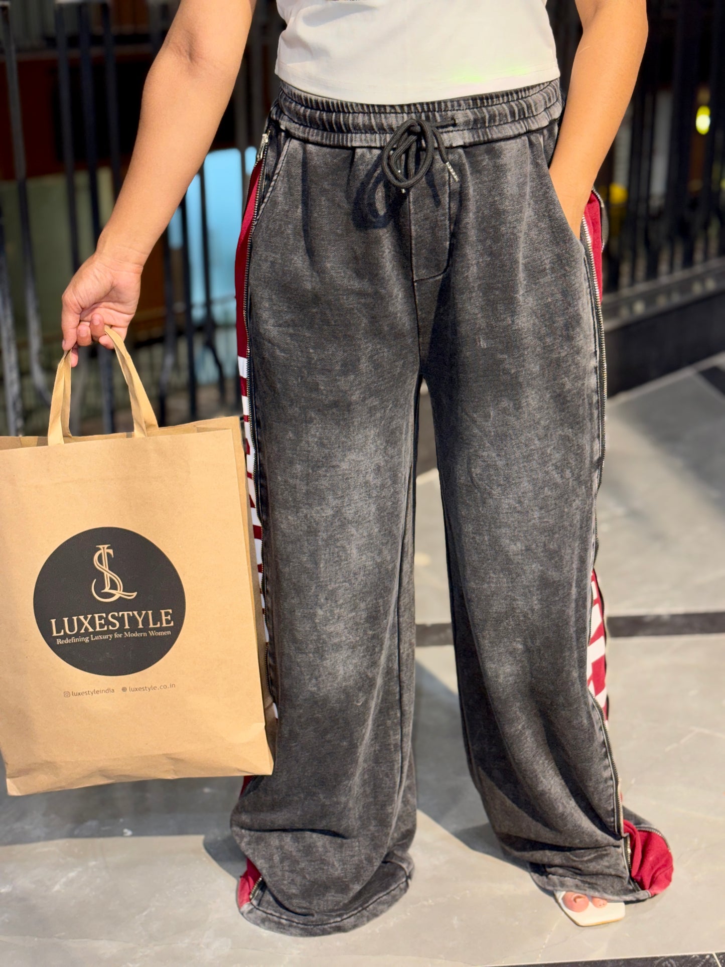 Washed Wide Leg Side Zip Track Pants – Hidden Burgundy Panel