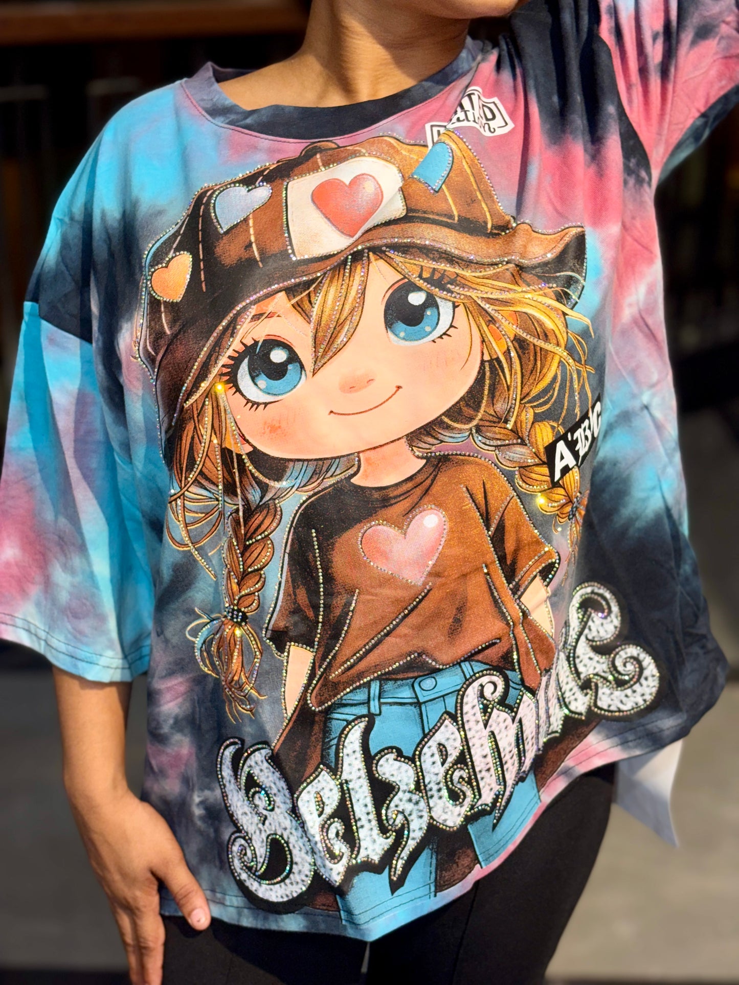 Luxe Cartoon Oversized Graphic Tee – Blue