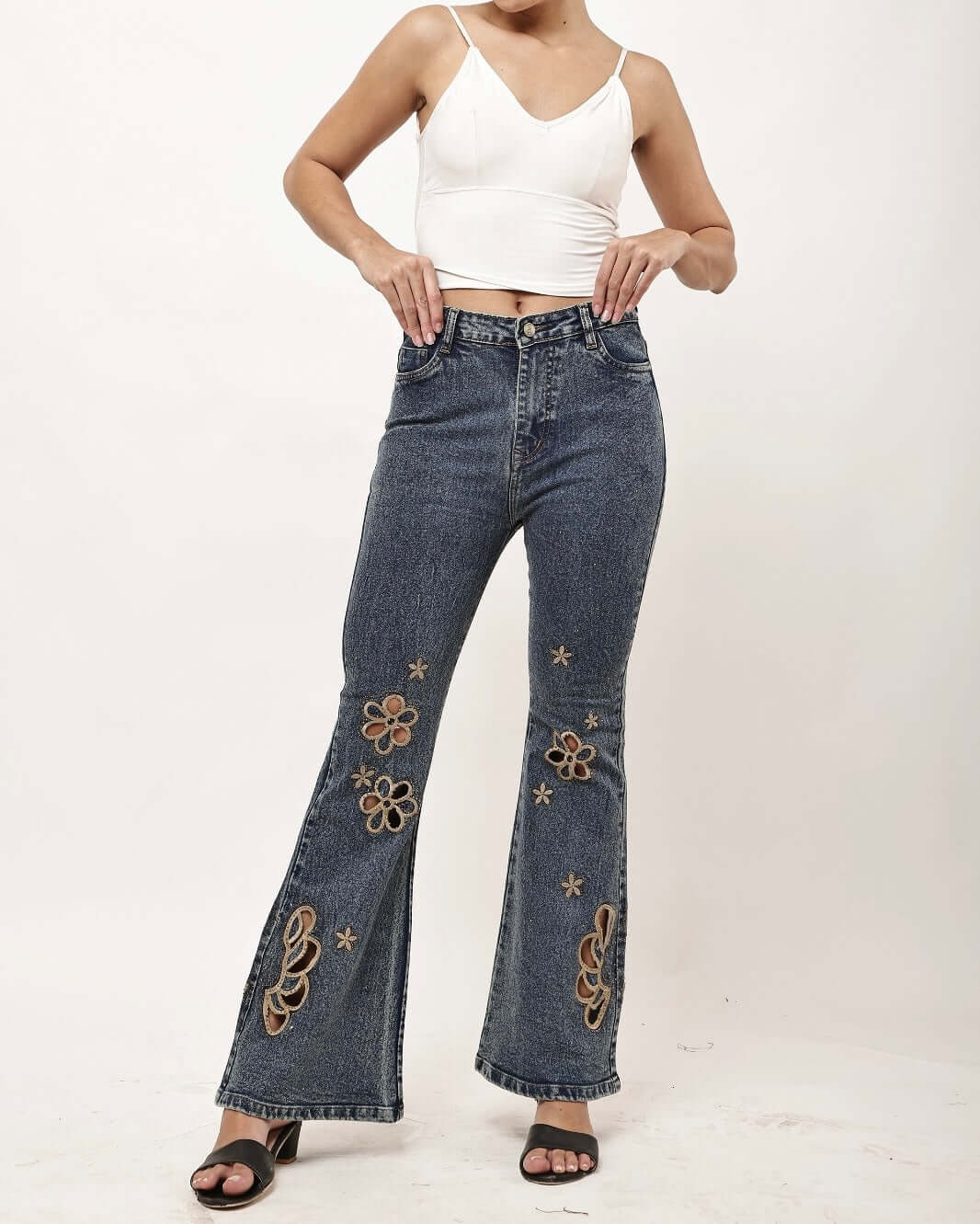 Luxestyle Flower Embroidery Swarovski Denim