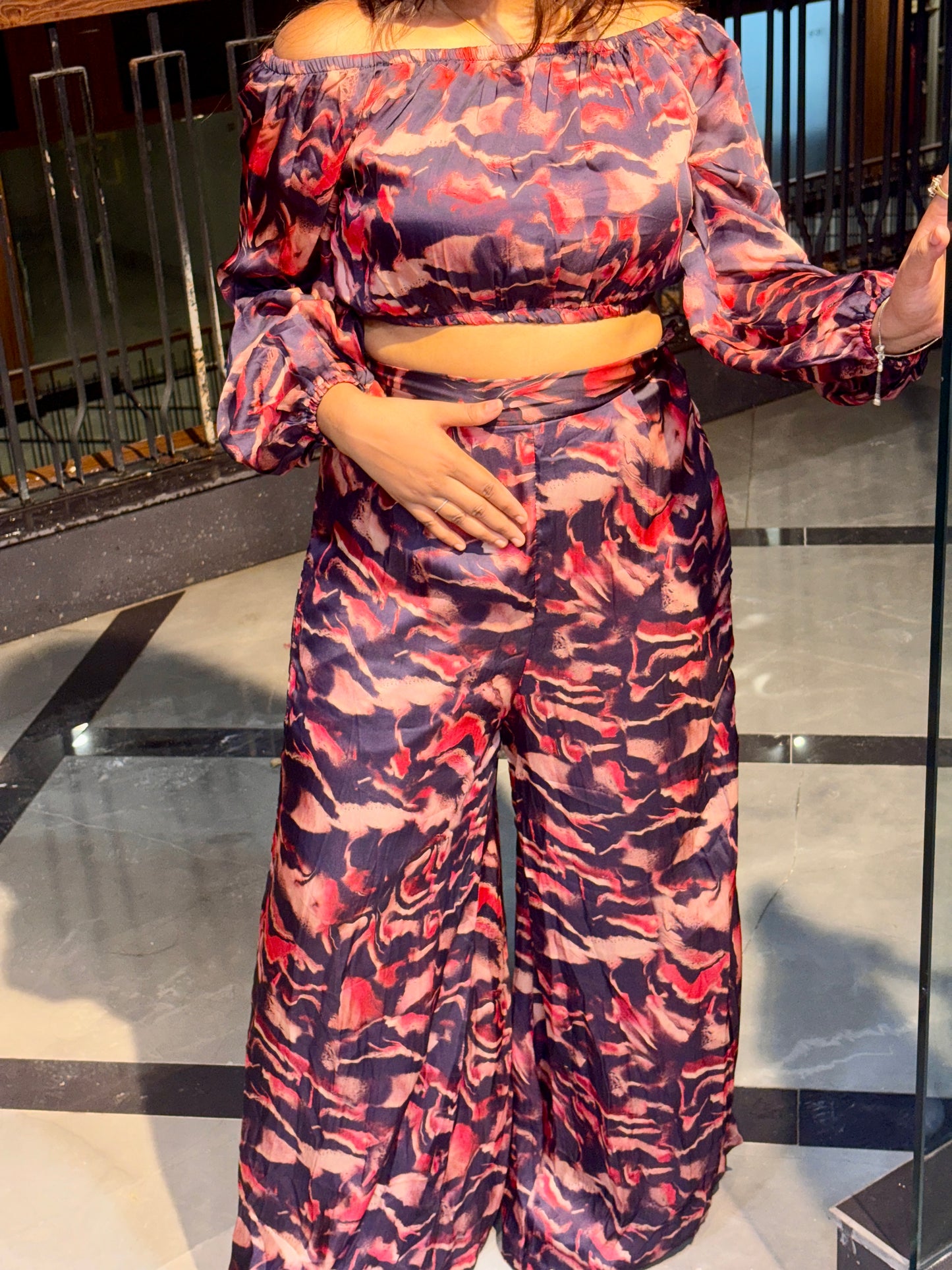 Luxe Sunset Off-Shoulder Printed Co-Ord Set