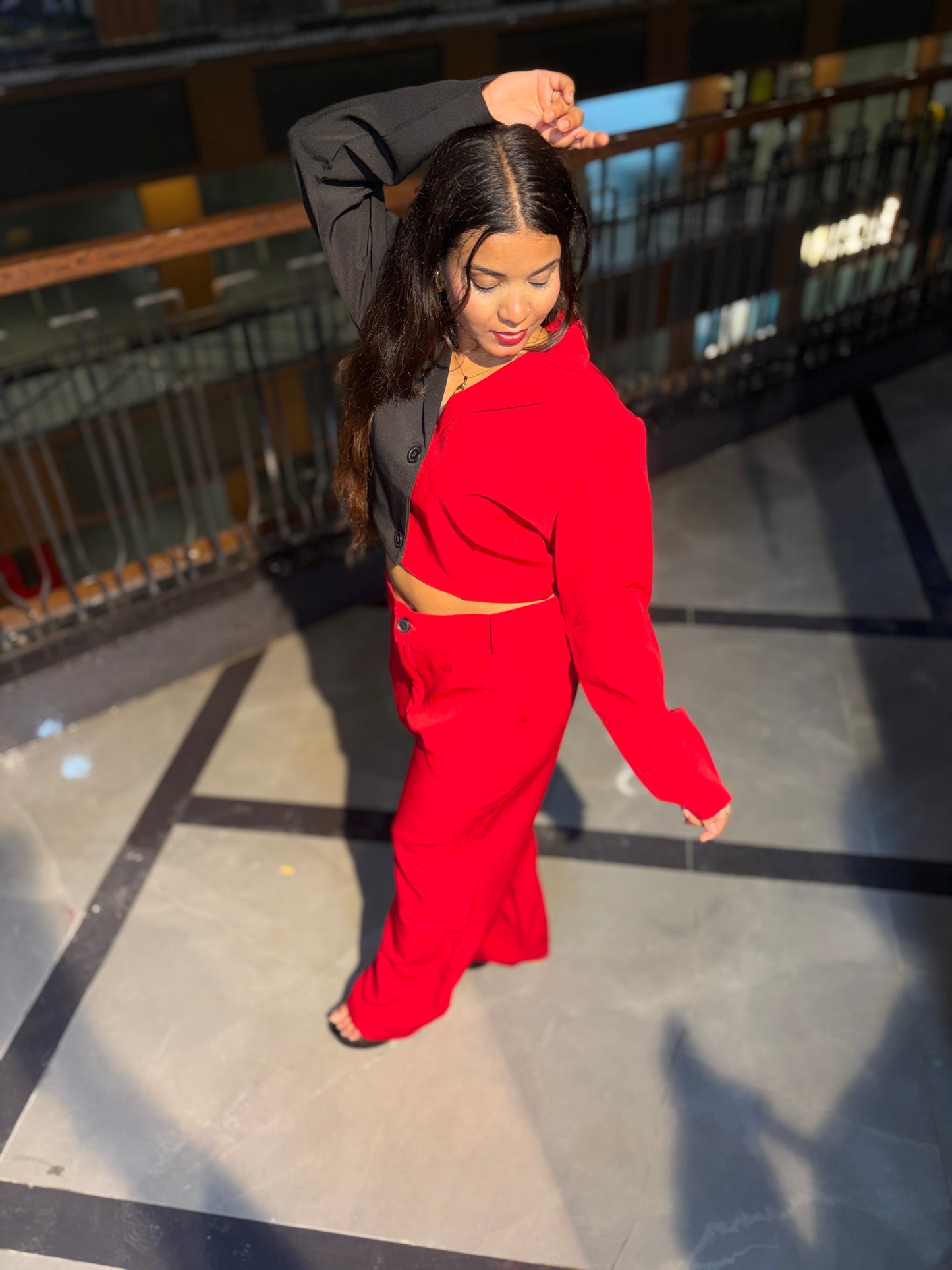 Two-Tone Blazer Top & Red Pants Co-Ord Set