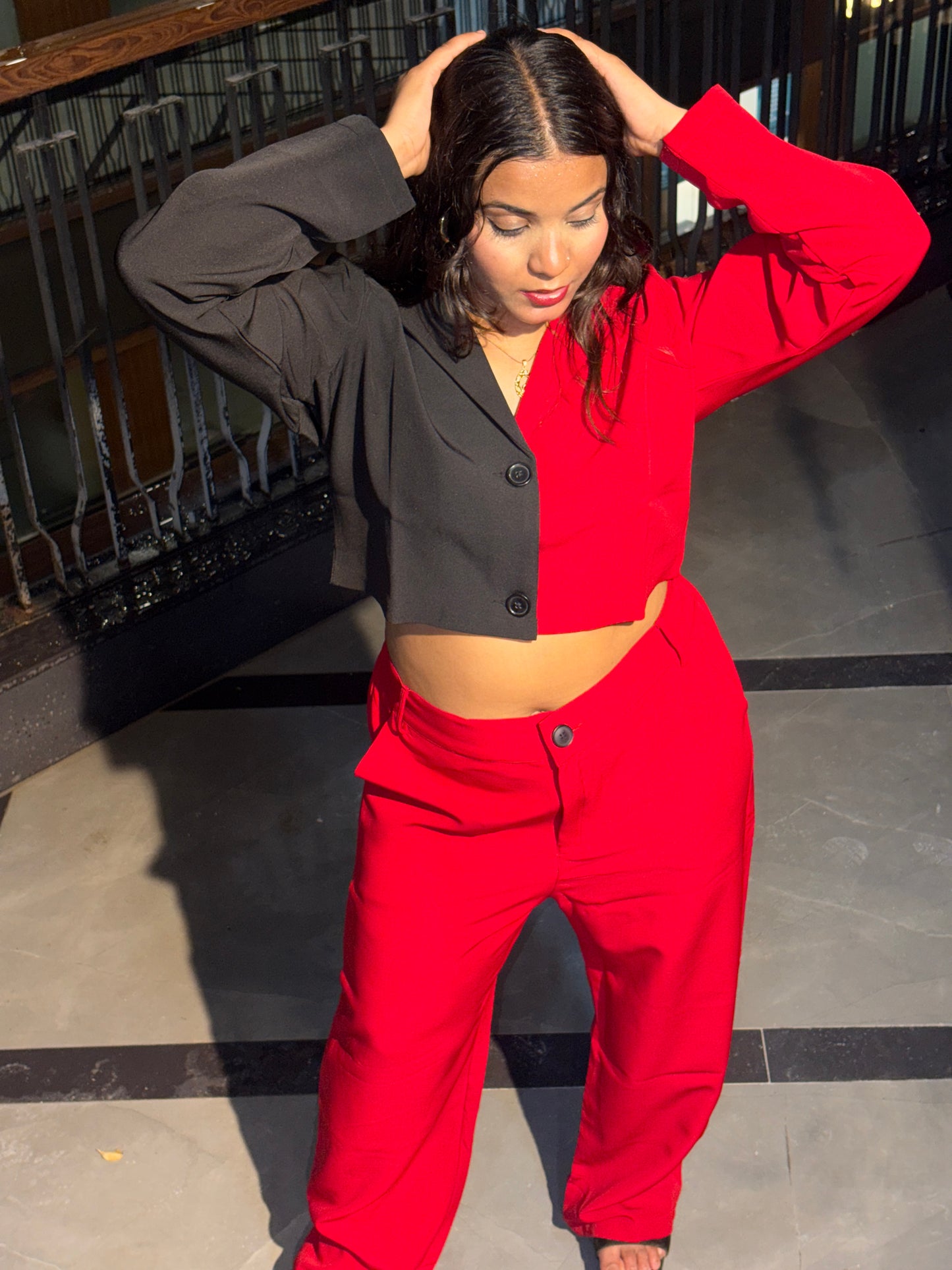 Two-Tone Blazer Top & Red Pants Co-Ord Set