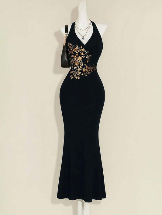 Noir Embroidered Luxe Bodycon Dress