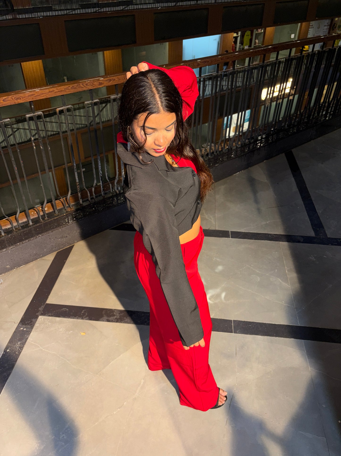 Two-Tone Blazer Top & Red Pants Co-Ord Set