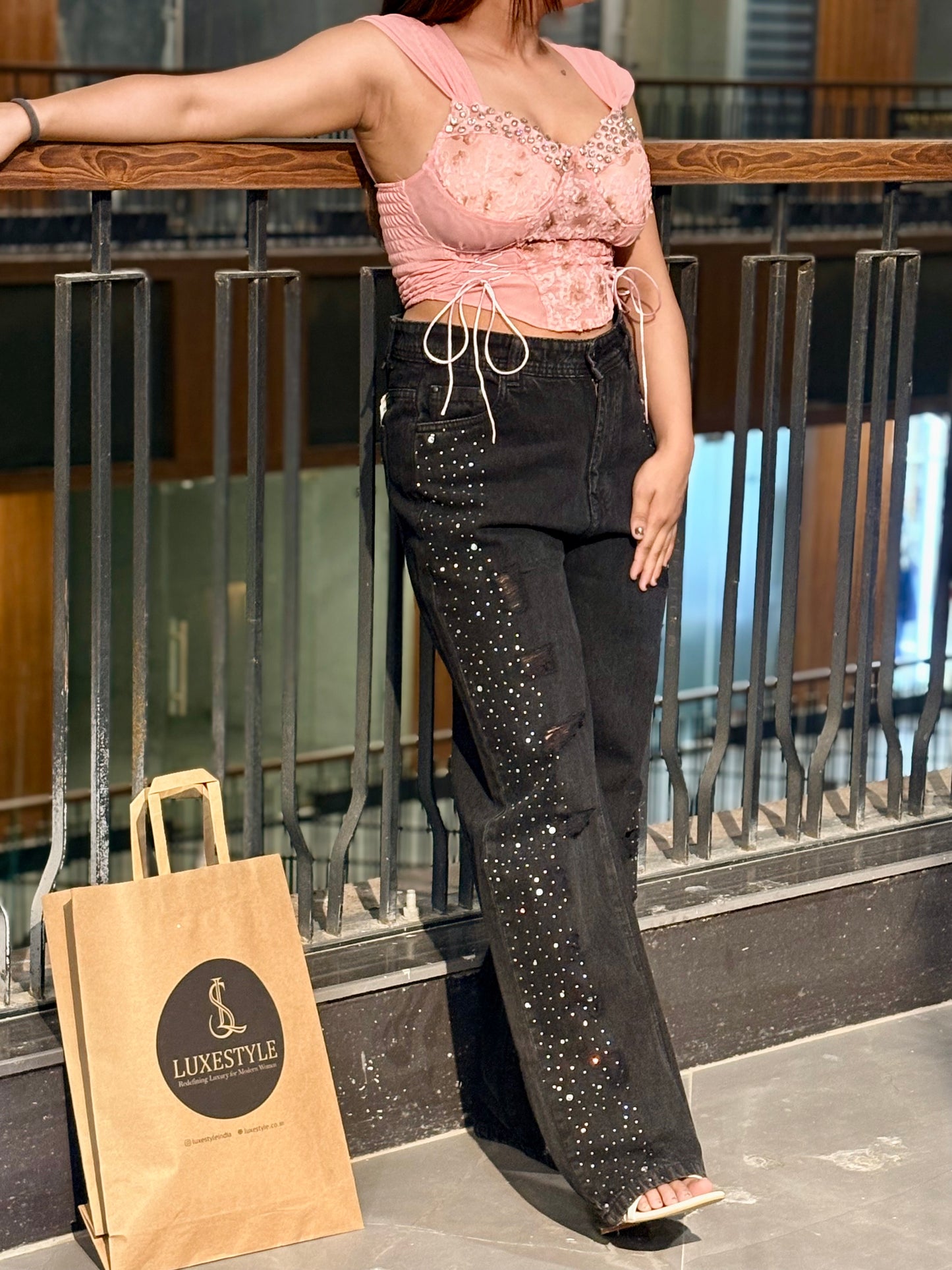 Luxe Blush Corset & Black Rhinestone Jeans Combo