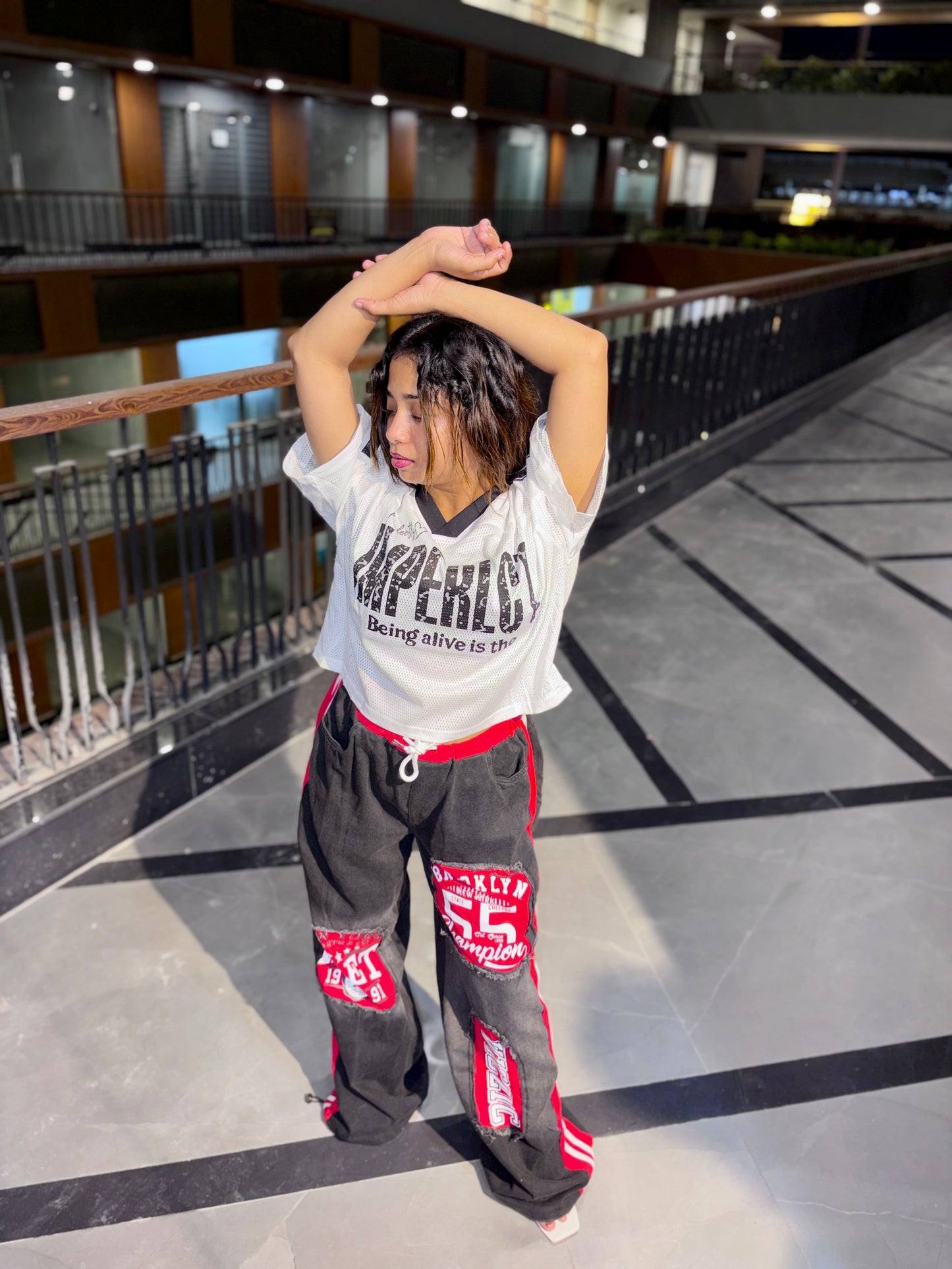 Premium Washed Patchwork Wide Leg Streetwear Pants – Red Contrast Edition