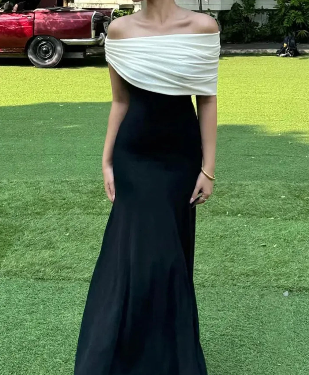 Black & White Cold-Shoulder Maxi Dress