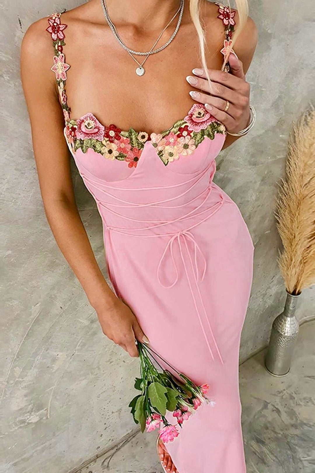 Pink Floral Embroidered Bodycon Midi Dress