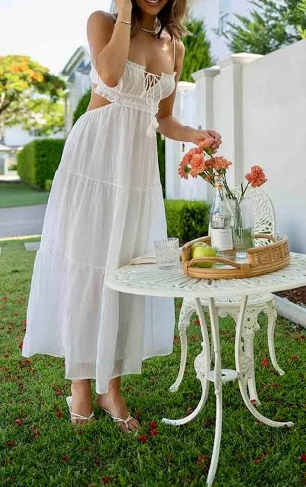 White Ruched Boho Maxi Dress - Luxestyle