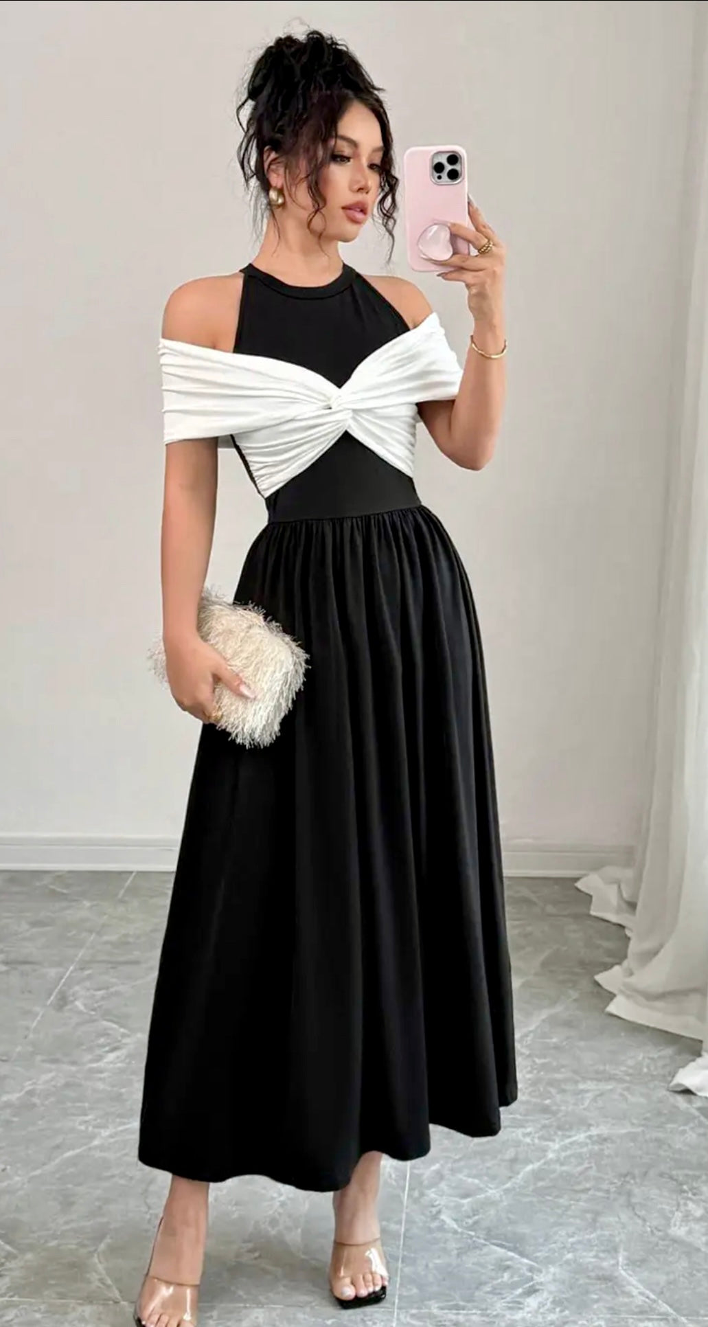 Black & White Cold-Shoulder Maxi Dress