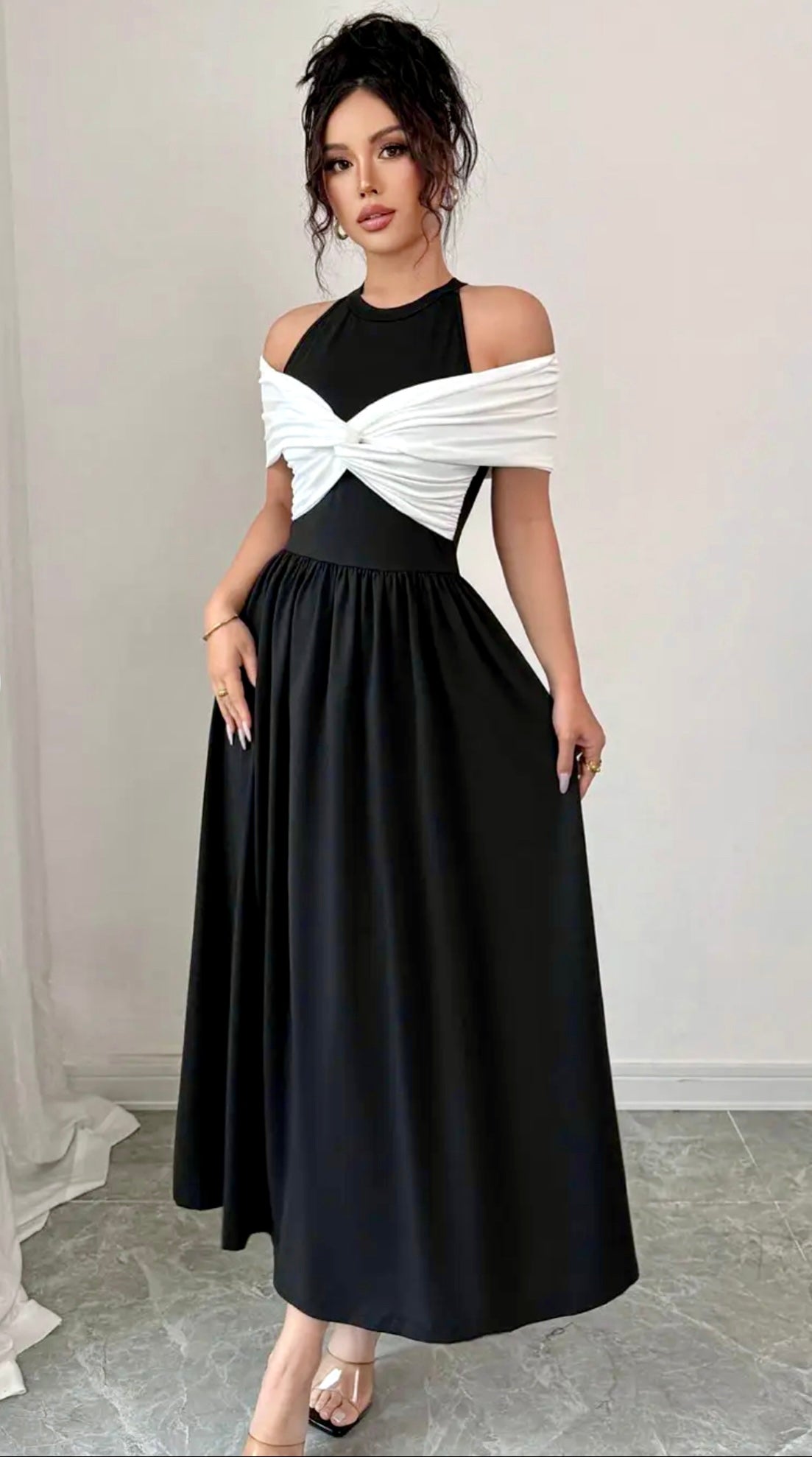 Black & White Cold-Shoulder Maxi Dress