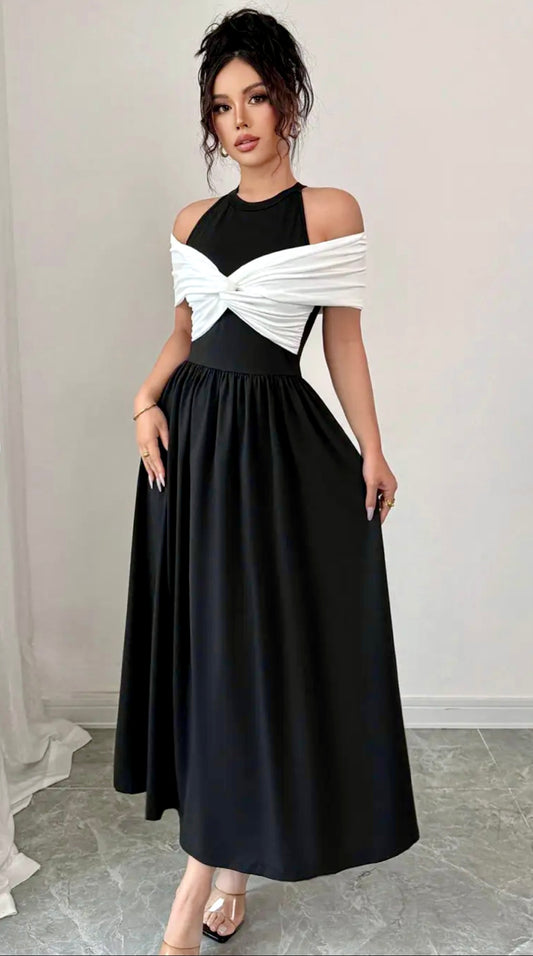 Black & White Cold-Shoulder Maxi Dress