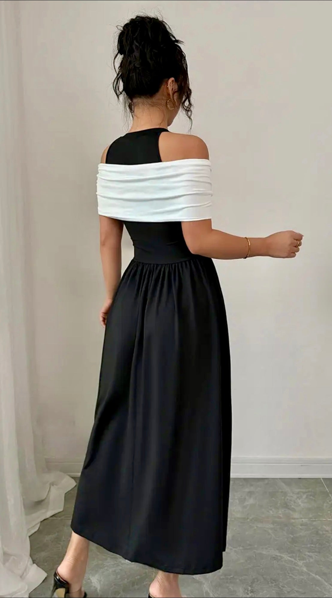 Black & White Cold-Shoulder Maxi Dress