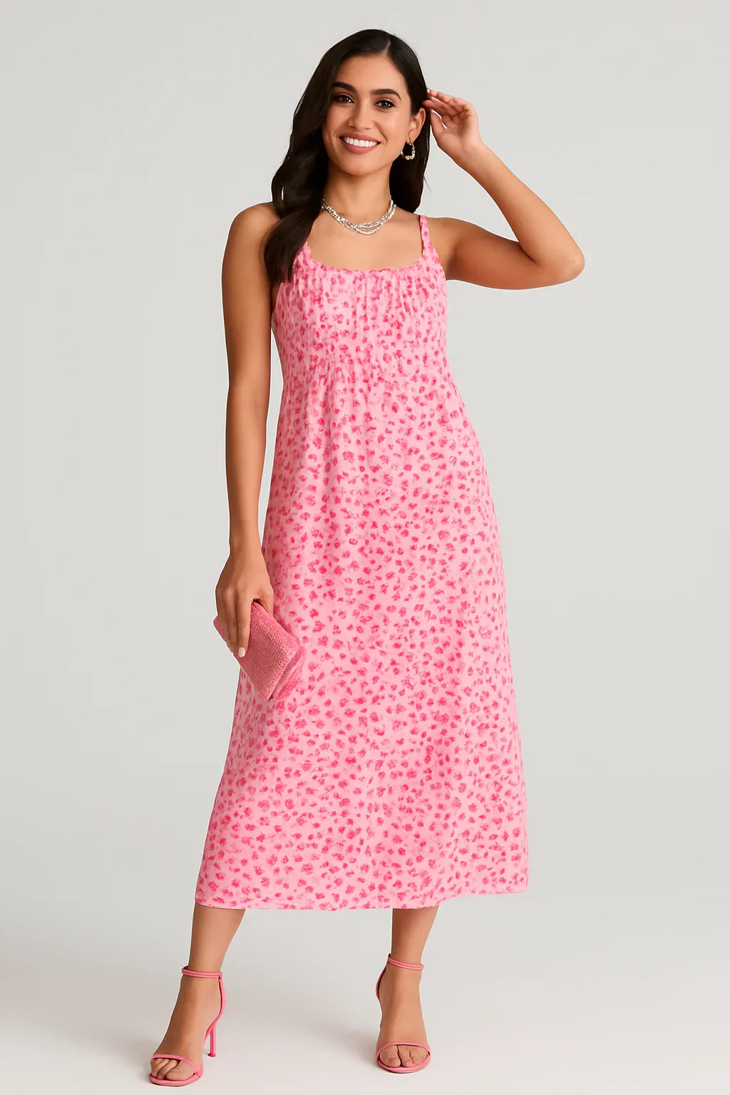 Pink Floral Ruffle Strap Maxi Dress - Luxestyle