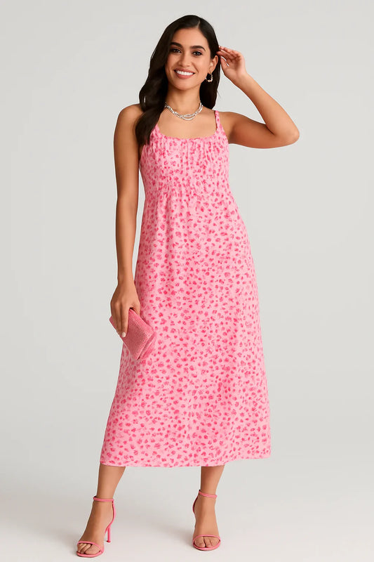 Pink Floral Ruffle Strap Maxi Dress - Luxestyle