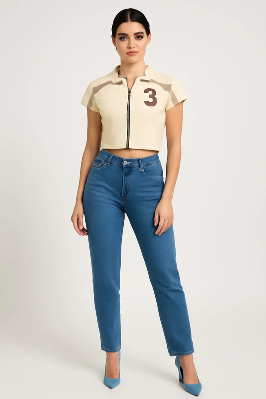 Cream Sporty Crop Top with Zipper - Luxestyle