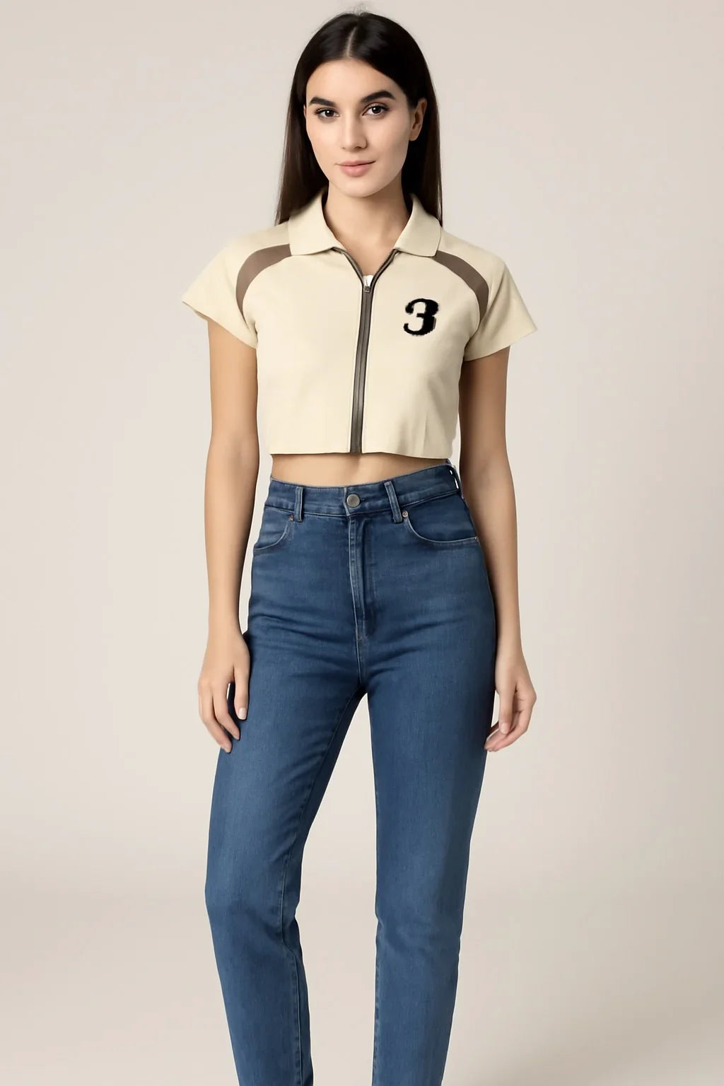 Cream Sporty Crop Top with Zipper - Luxestyle