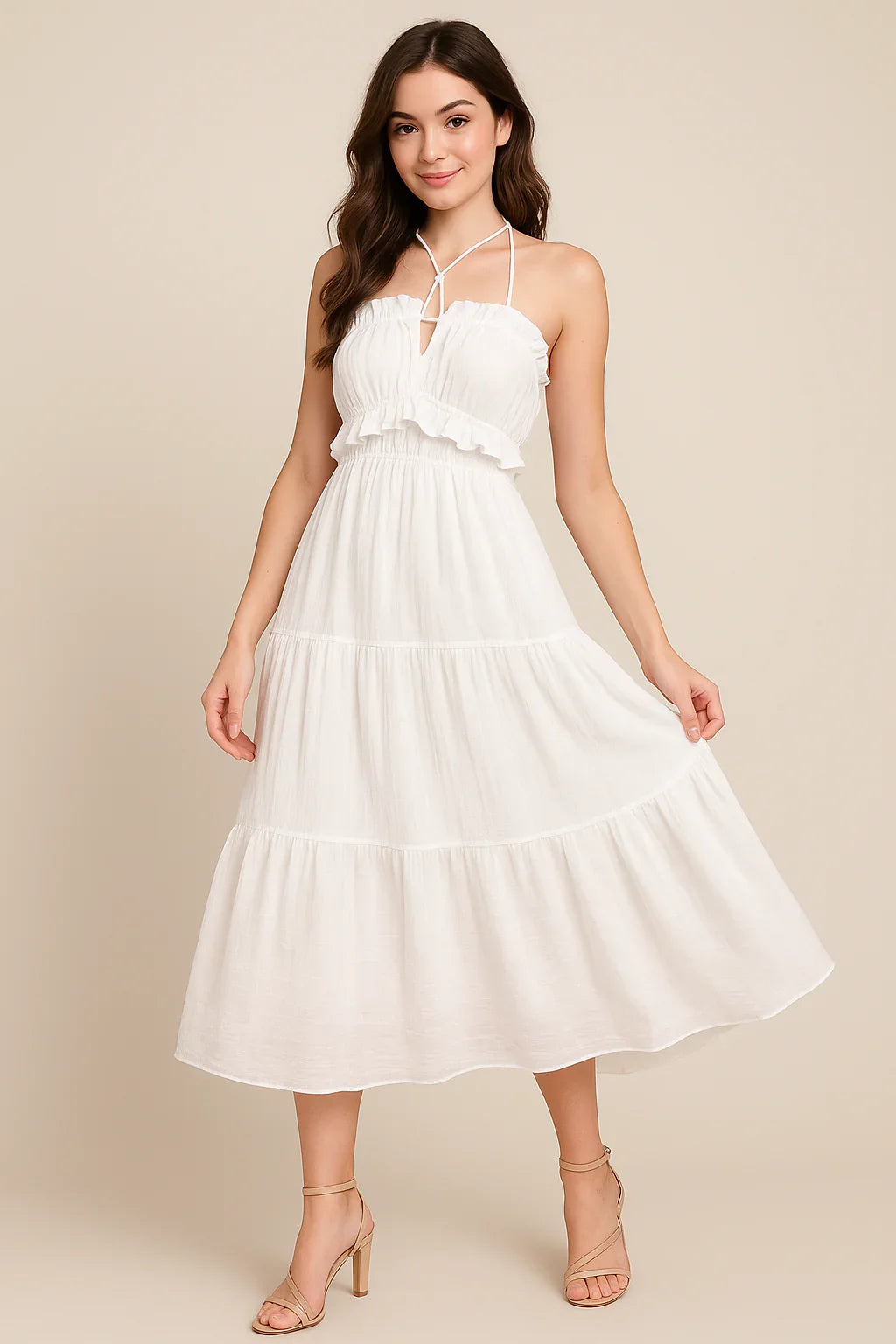 White Ruched Boho Maxi Dress - Luxestyle